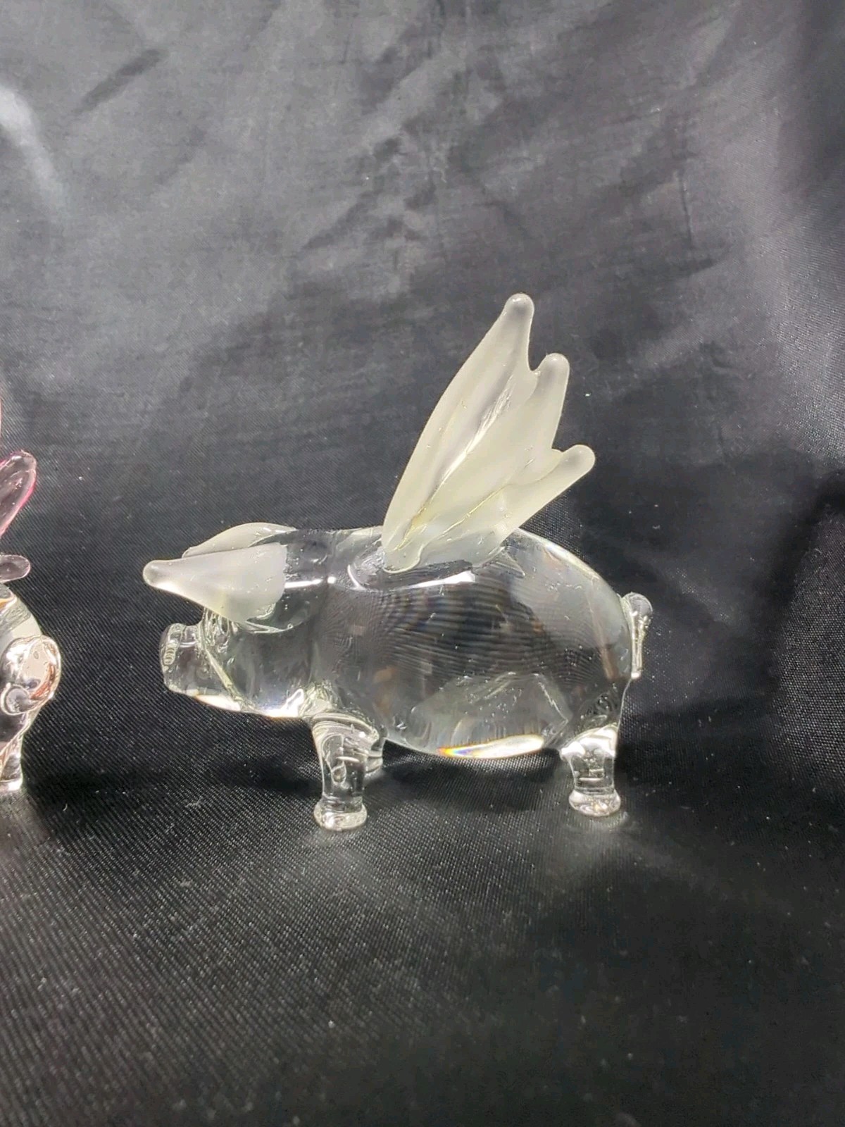 4 Clear Glass Flying Pig Figurines Frosted + Red Glass Figure Pigs Hog Wings New