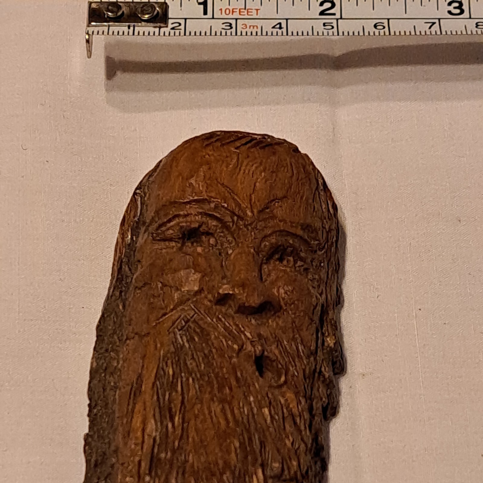 Wood Spirit Carved into Hard wood log free standing 7 3/4″