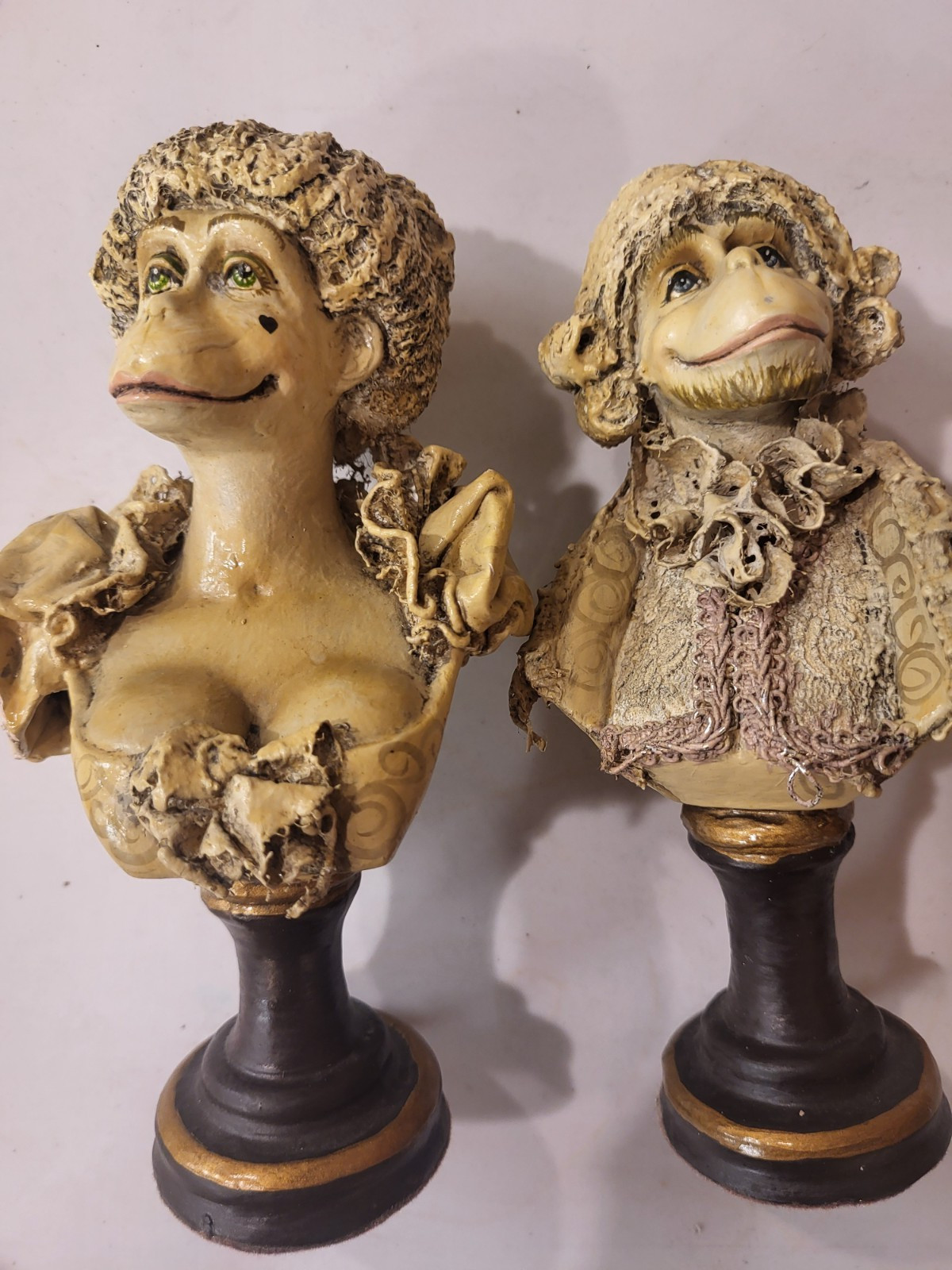 Vintage Pair Whimsical Monkey Lady and Man Busts Thailand Resin Decor