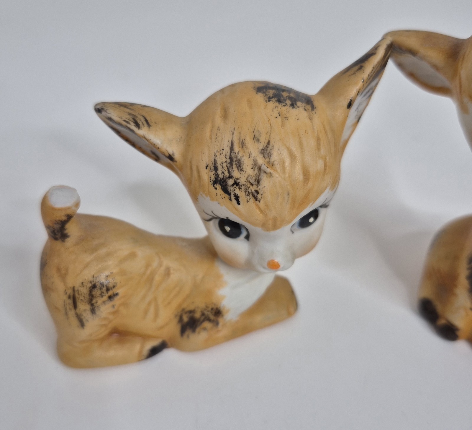 Vintage Big Eyed Deer Fawns Pair With Laying and Sitting