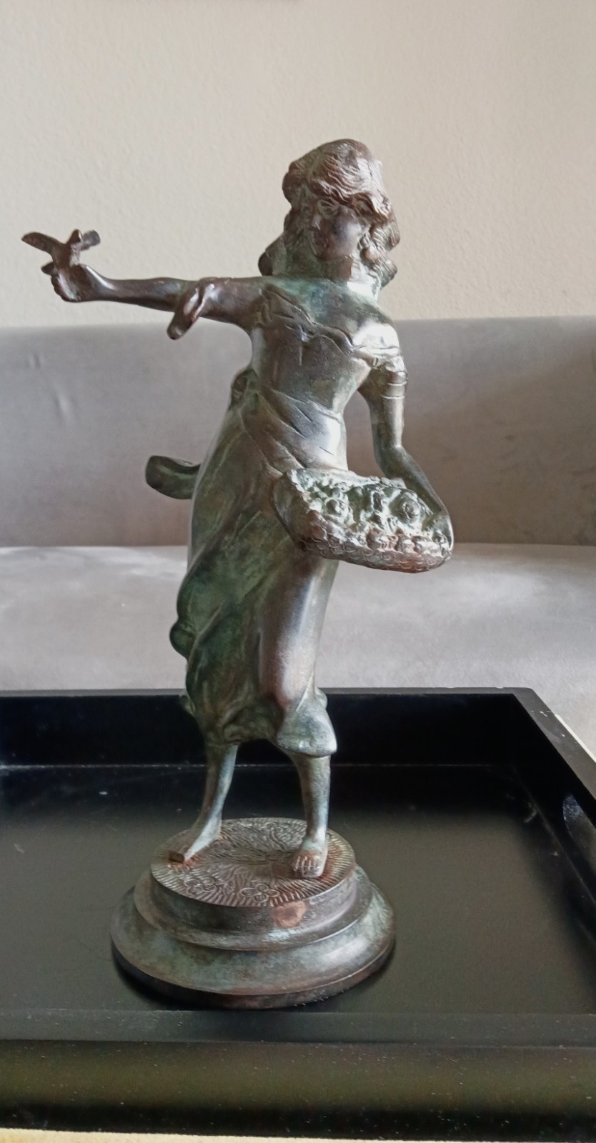 Antique Bronzed Figurine – Belle Époque Woman Holding Bird – Art Nouveau Decor