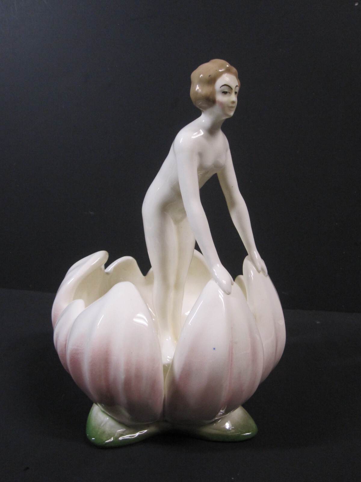 Art Deco Porcelain Sculpture Cortendorf, Germany: Nude Woman Emerging from Lotus