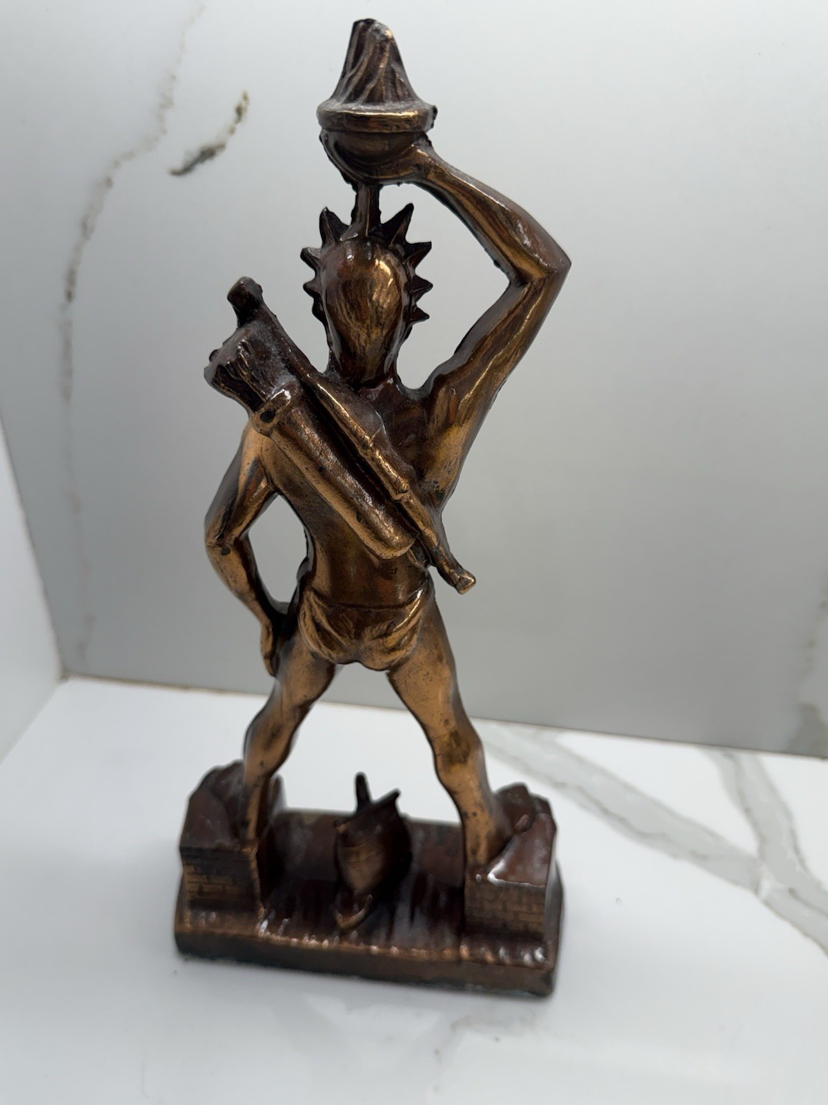 VINTAGE METAL GILDED CAST SCULPTURE COLOSSOS RHODES METAMEE MADE IN GREECE .