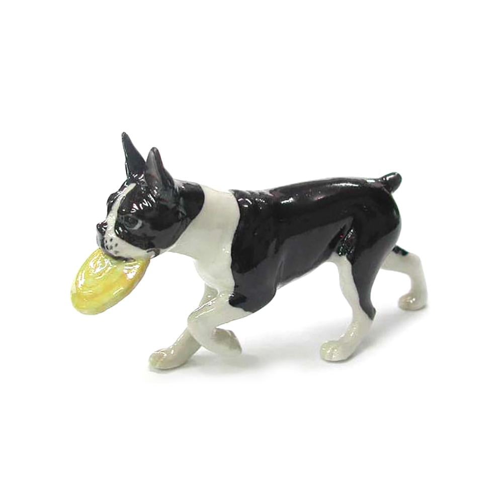 Northern Rose Dog – Boston Terrier with Frisbee – Miniature Porcelain Figurine