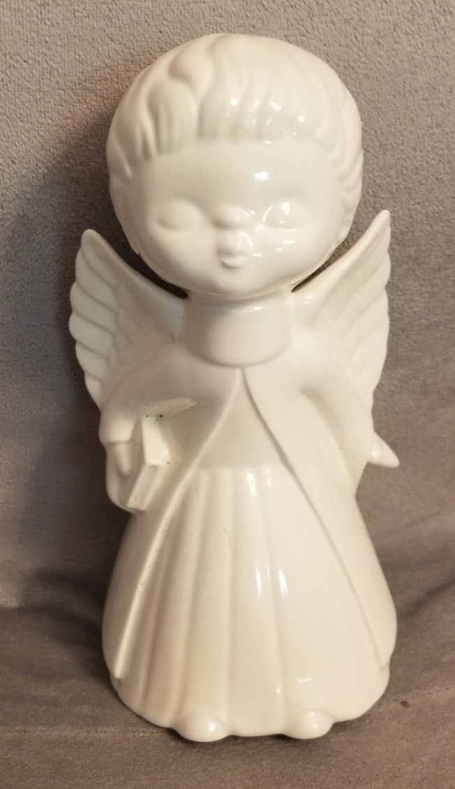 Ceramic Angel Figurine w/ Bible 8″ Boy White Glaze Christmas 1980’s