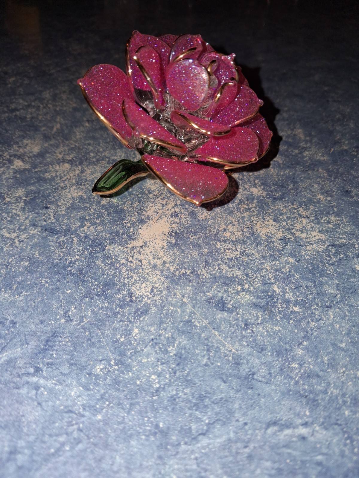 Vntg Glitter Pink Gold Tipped Rose 7″ Cystal In Mint Condition!