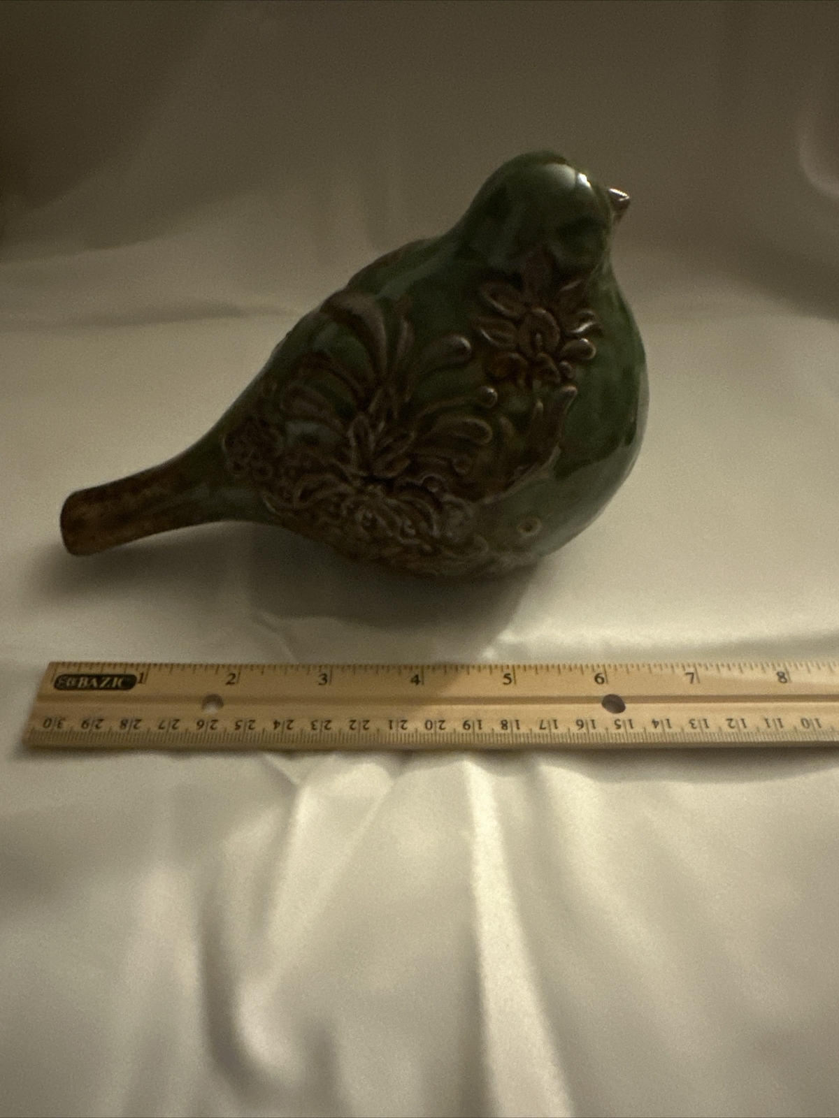 Glazed Green Brown Raised Floral Scroll Cracker Barrel Chubby Bird Figurine 7×5″
