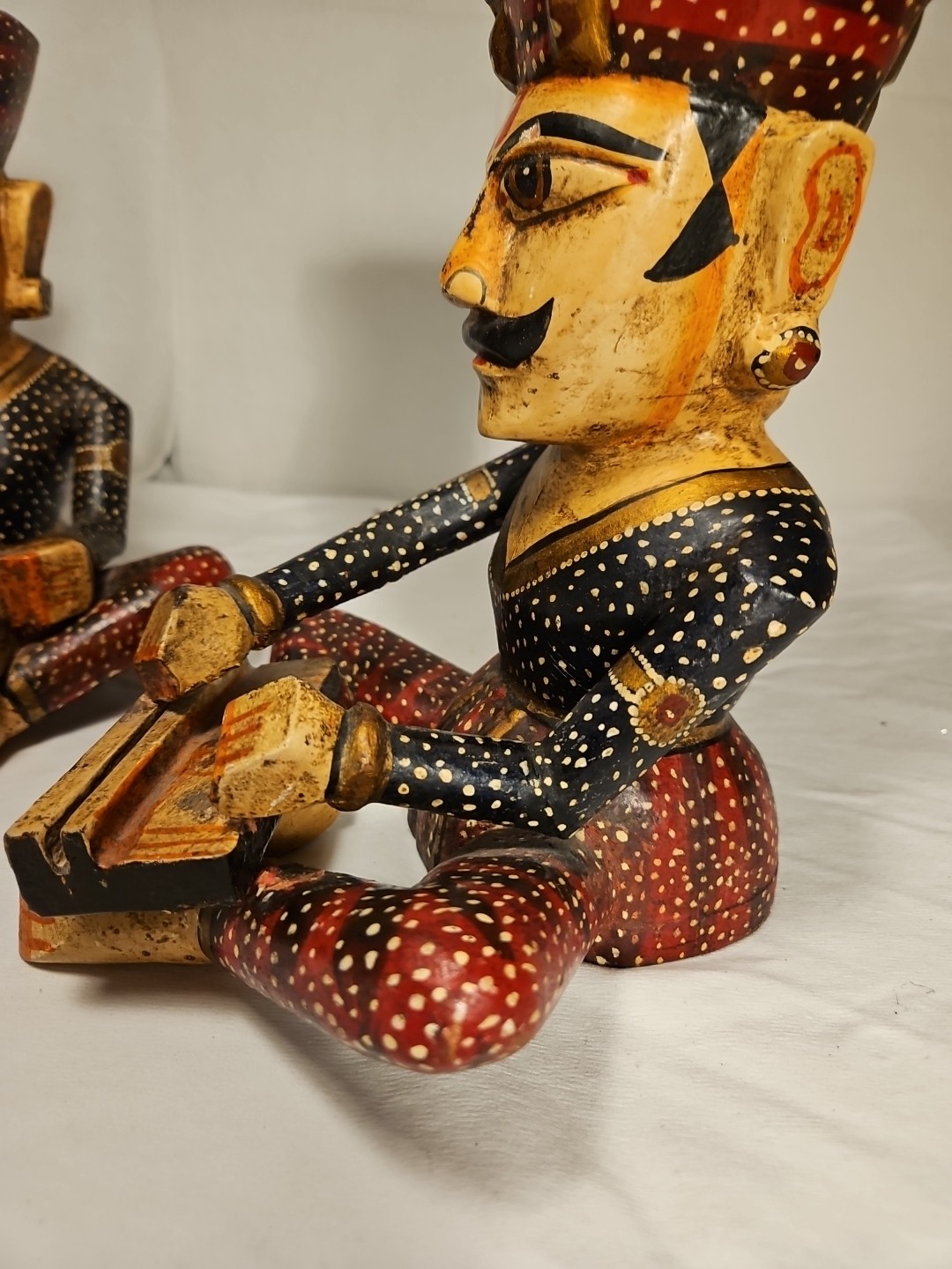 Pair of Vtg. Rajasthani Art Hand Carved Wooden Sitting Indian Musician Figurines