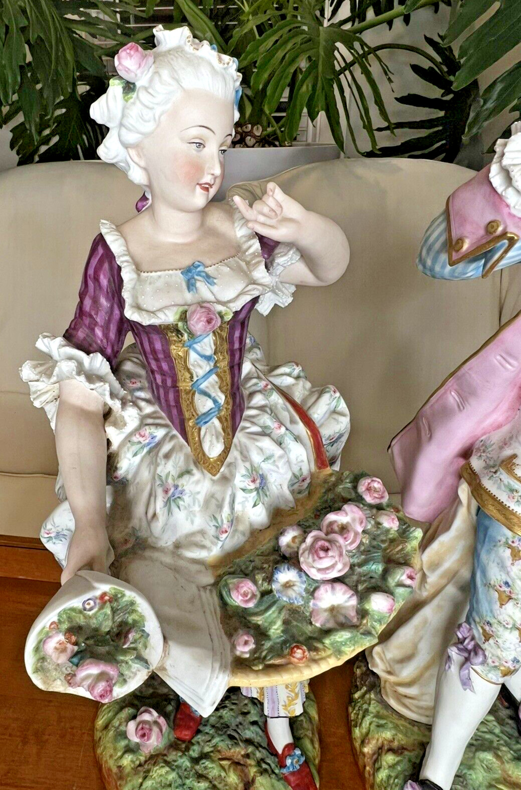 Large Antique French Pair Figure Romantic Bisque Porcelain Old Paris 19thC 20″