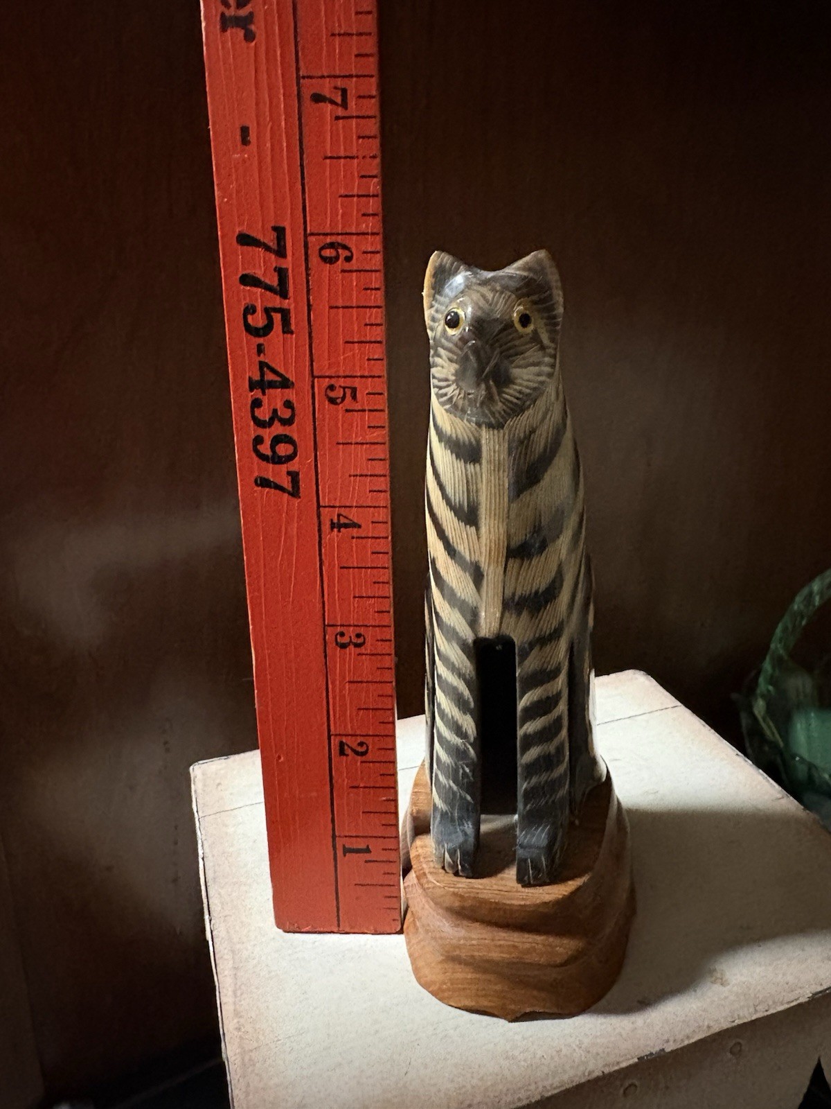 Carved Wooden Striped Cat Figurine Made in Thailand 7 in Tall Brown Black Unique