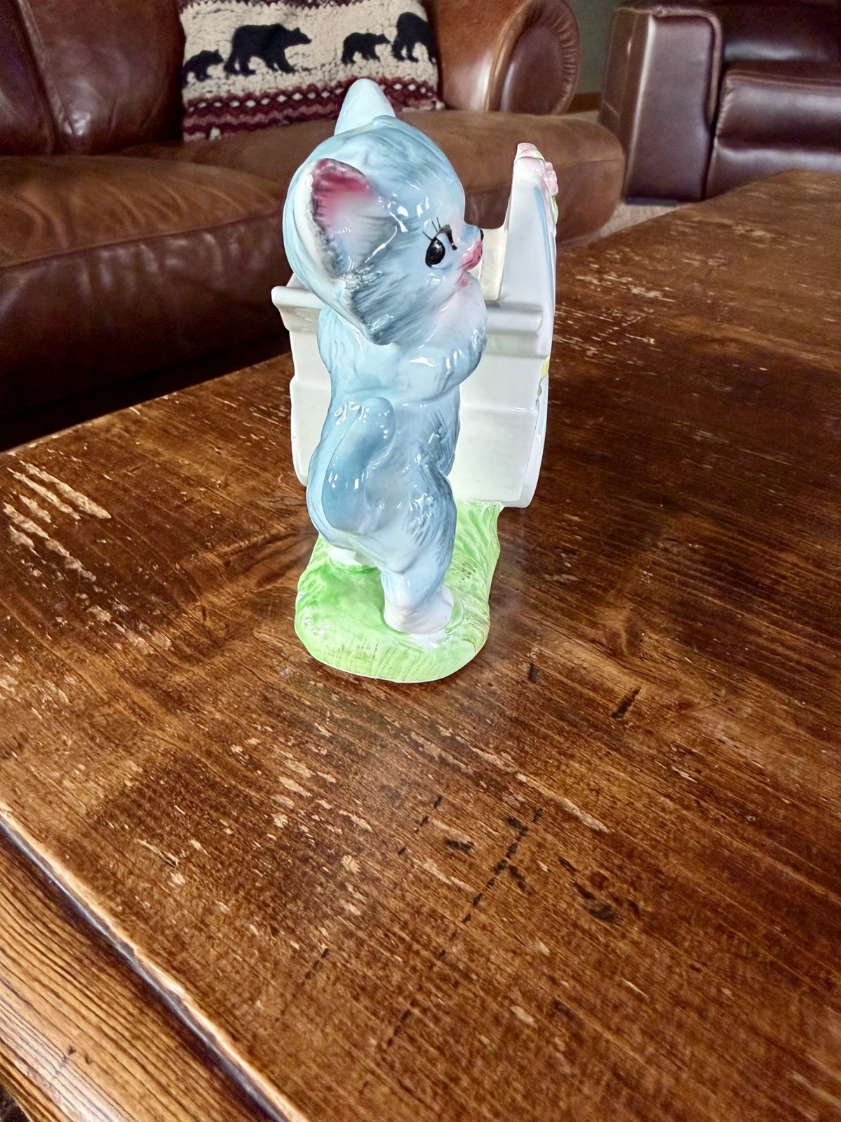 Vintage 40s/50s Ceramic RIES Anthropomorphic Kitty w/ Flower Cart Planter Baby
