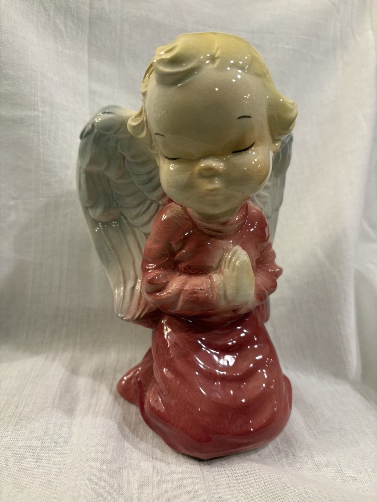 Vintage 8″ Royal Copley Praying Blonde Pink Angel wall pocket planter 1950s