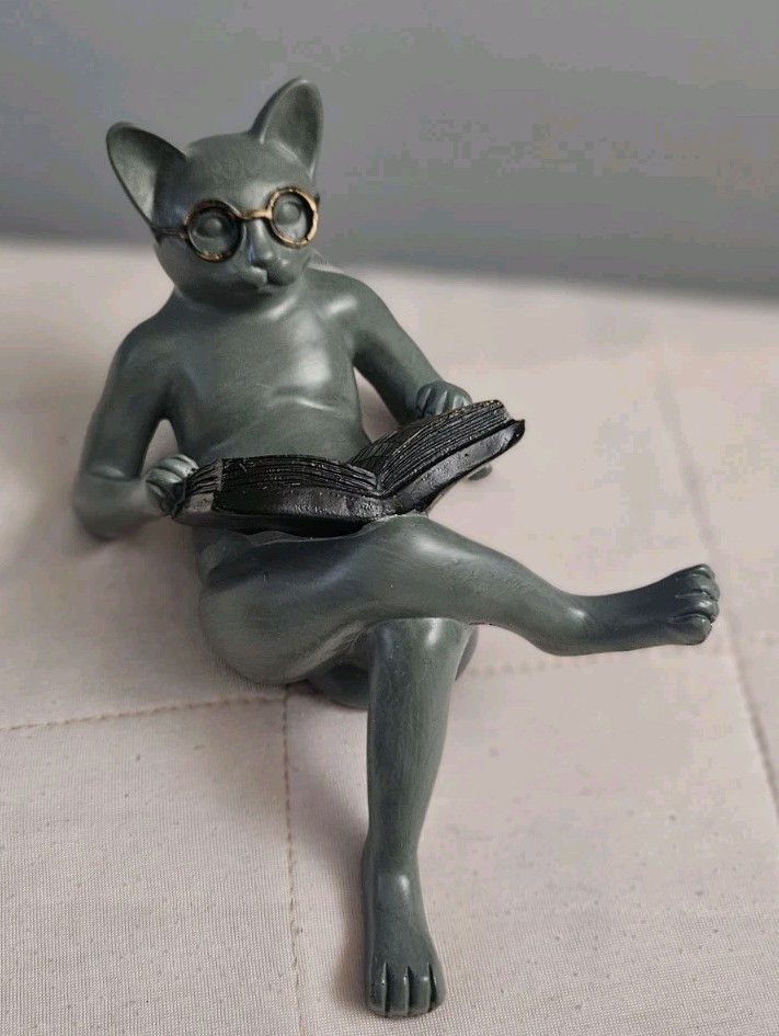 Literary Cat Resin Figure Statue Lounging Out Reading Book Cute