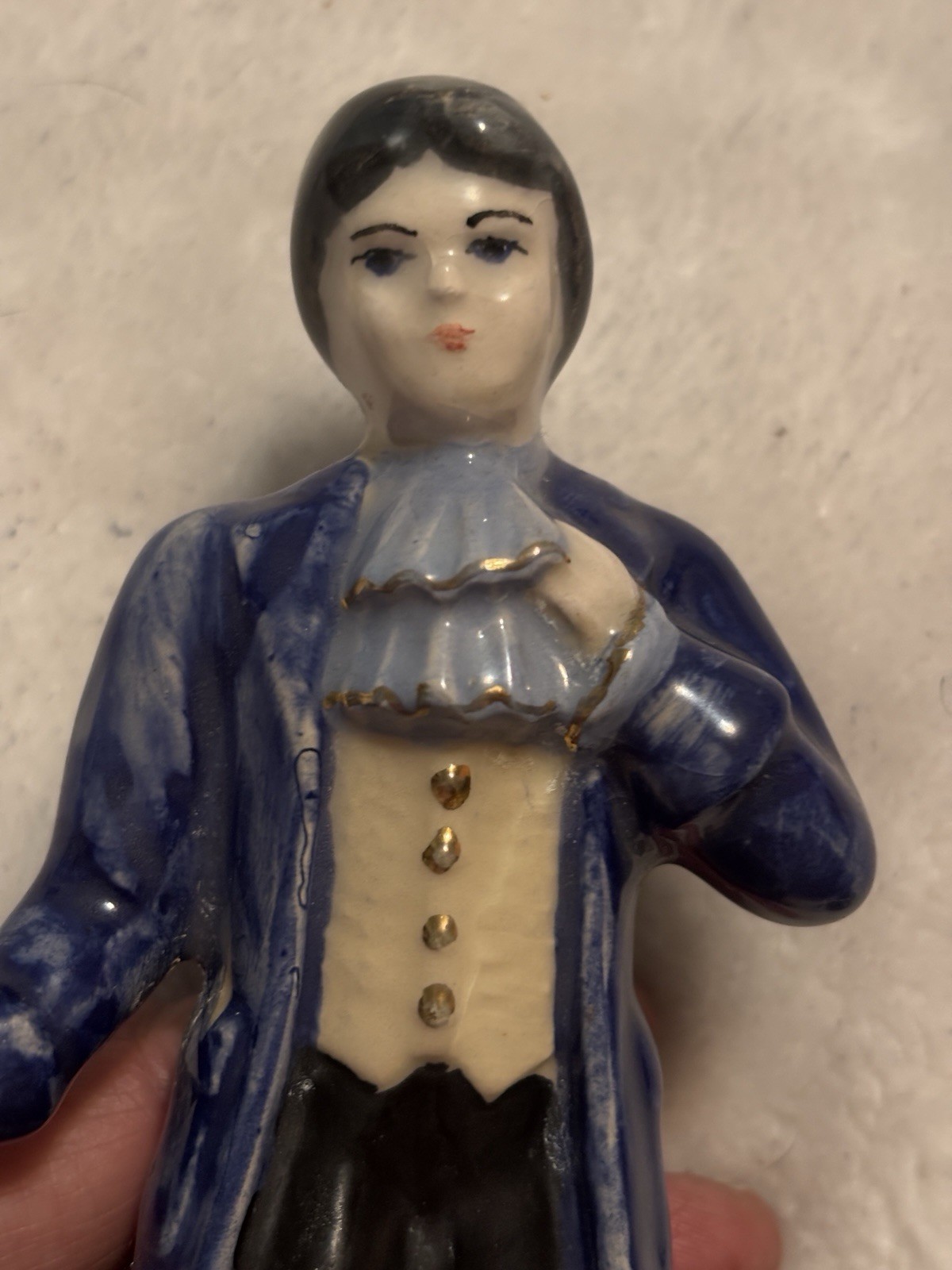 Vintage Hand Painted Colonial Man Glazed Ceramic 6.5” Figurine Signed “Thelma”