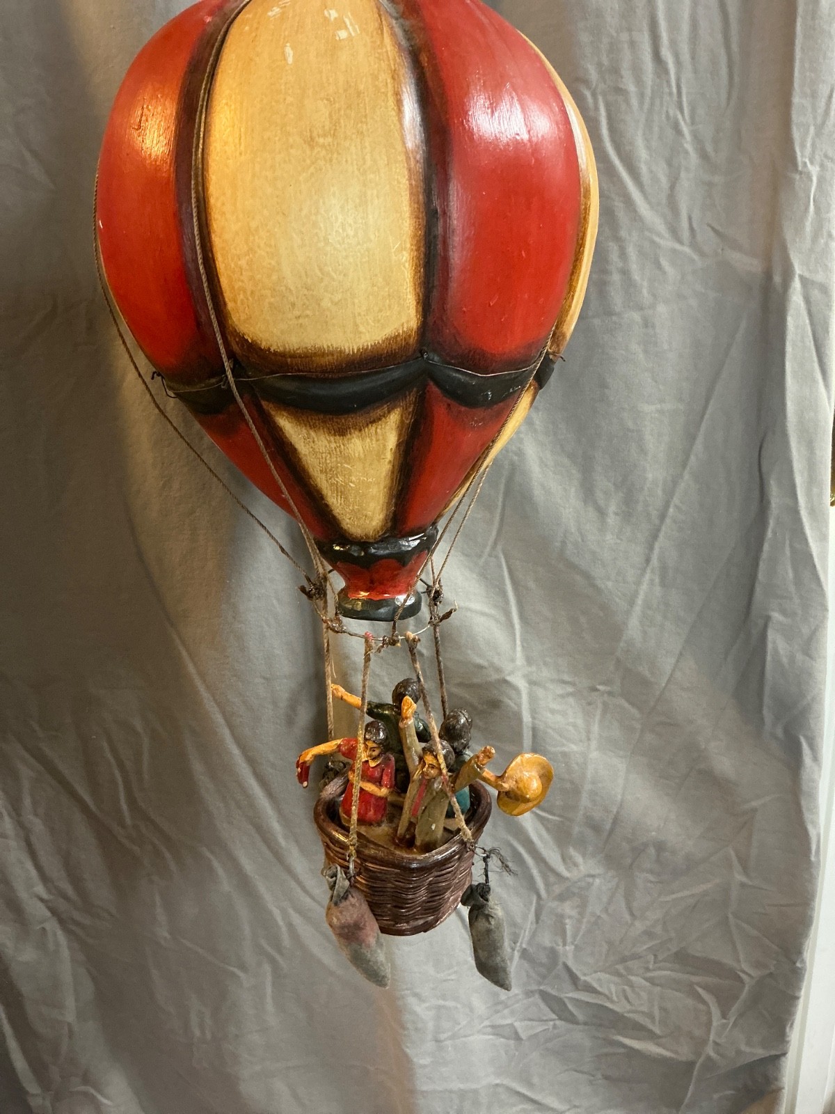 Vintage Folk Art Huge 24″ Hot Air Balloon Four People Wicker Basket MCM Hanging