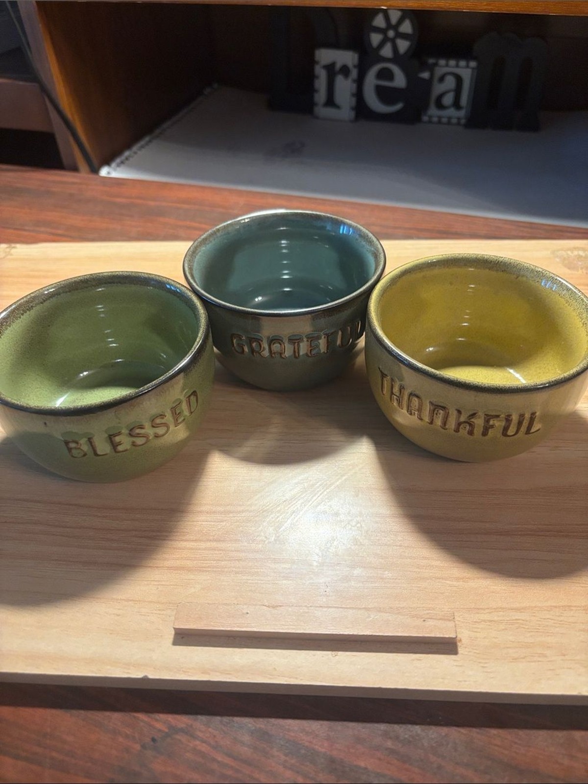 Set of 3 Ceramic Sentiment Bowls in Blue Green and Yellow