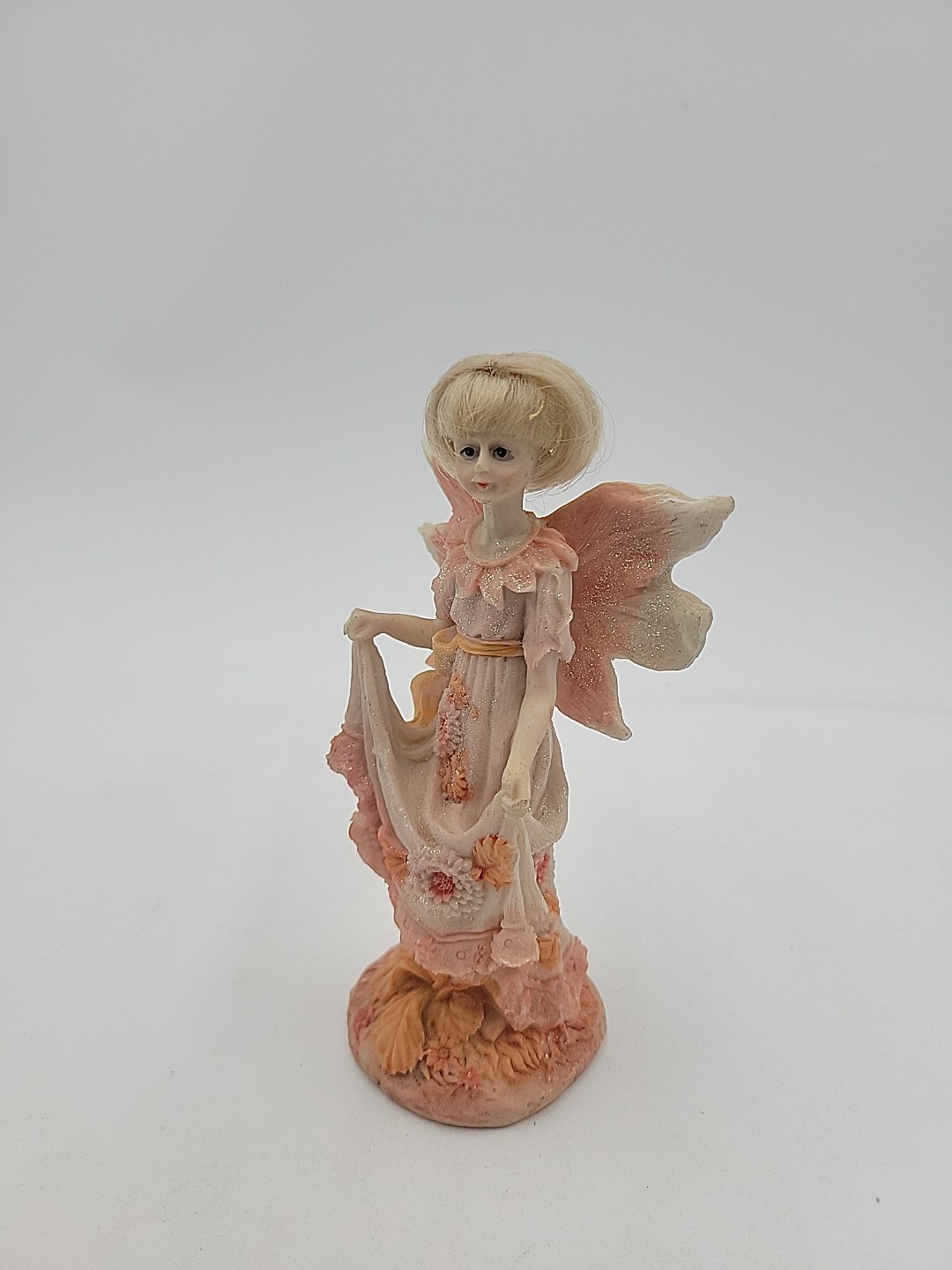 Vintage Fairy Figurine with Floral Dress, Blonde Hair 6 inches Tall