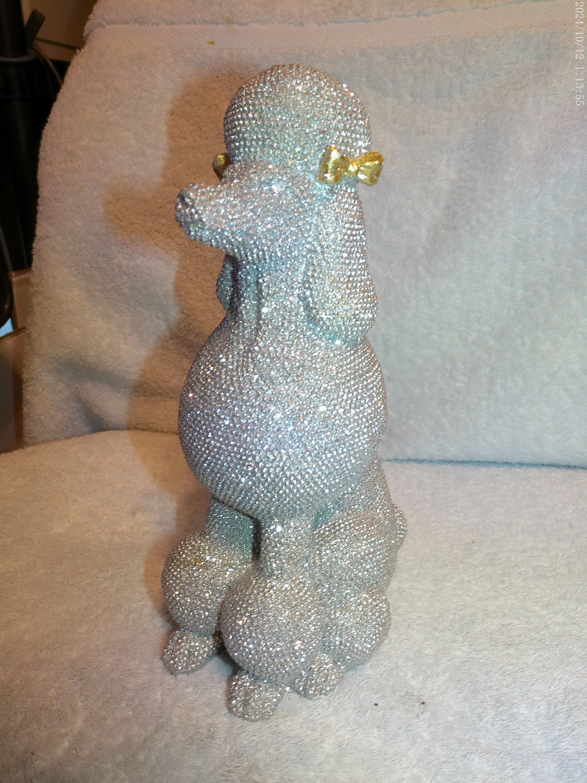 Silver Glitter French Poodle Figurine W/Gold Bows New No Tag/Box 6″ X 10″