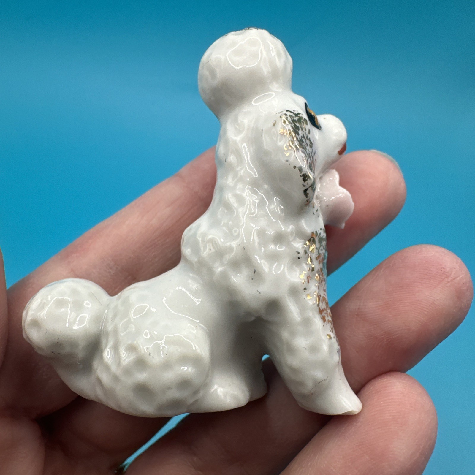 Vintage 2.25” Poodle Dog Figurine With Flower & Gold Paint Made In Japan