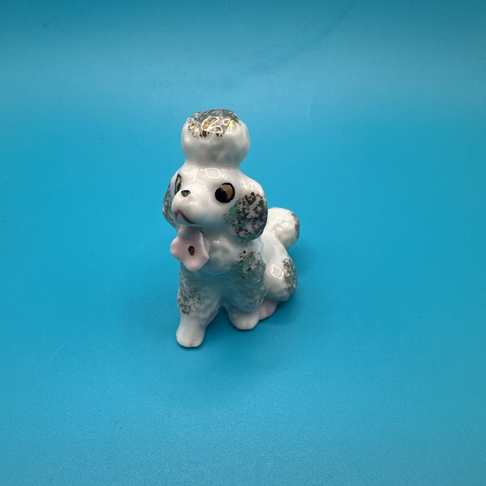 Vintage 2.25” Poodle Dog Figurine With Flower & Gold Paint Made In Japan