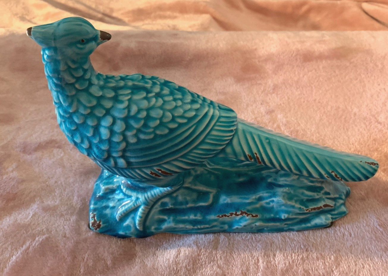 **Large 11″ Ceramic Table Decor~Peacock-Quail Figurine~Turquoise Blue**