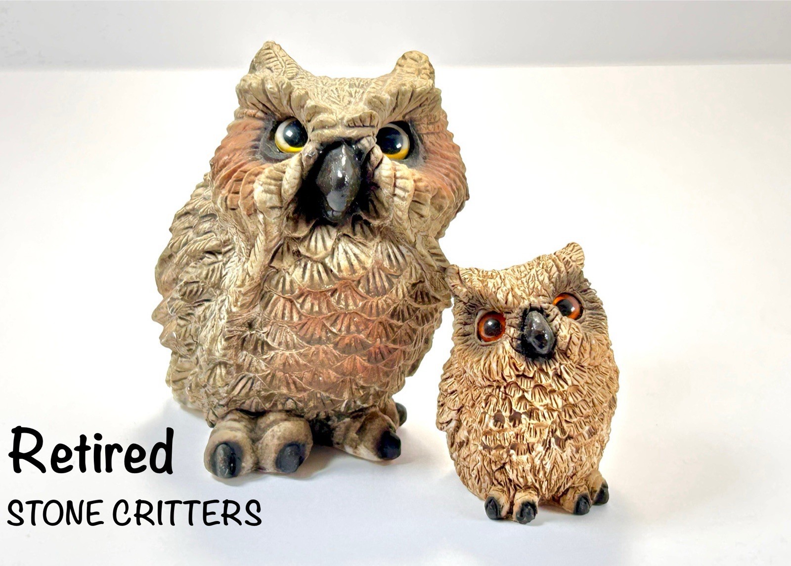 Signed Hand Painted 3” And 2” Stone Critter Retired Horned Owl Sculptures