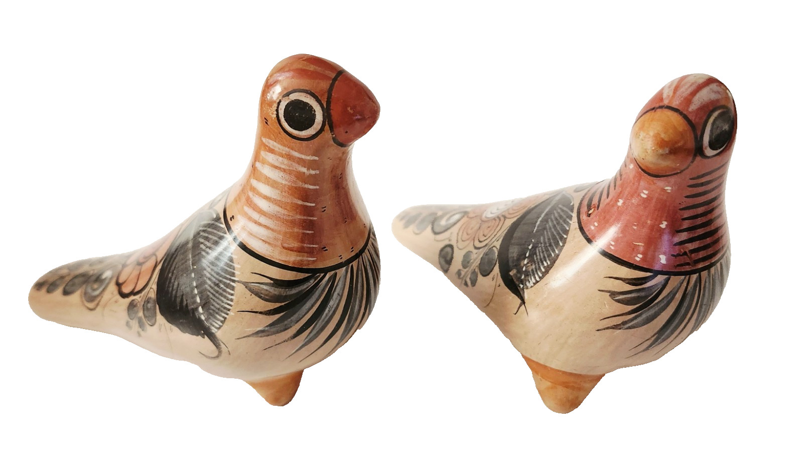Tonala Footed Dove 2 Figurines Mexican Clay Pottery Hand Painted Folk Art Birds