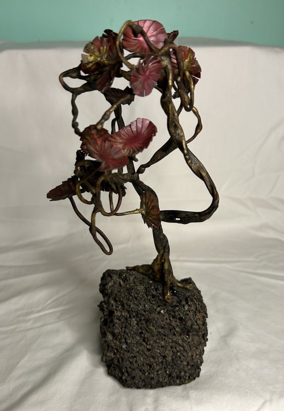 Vintage Brutalist Metal Flowers Sculpture w/ Lava Stone Base