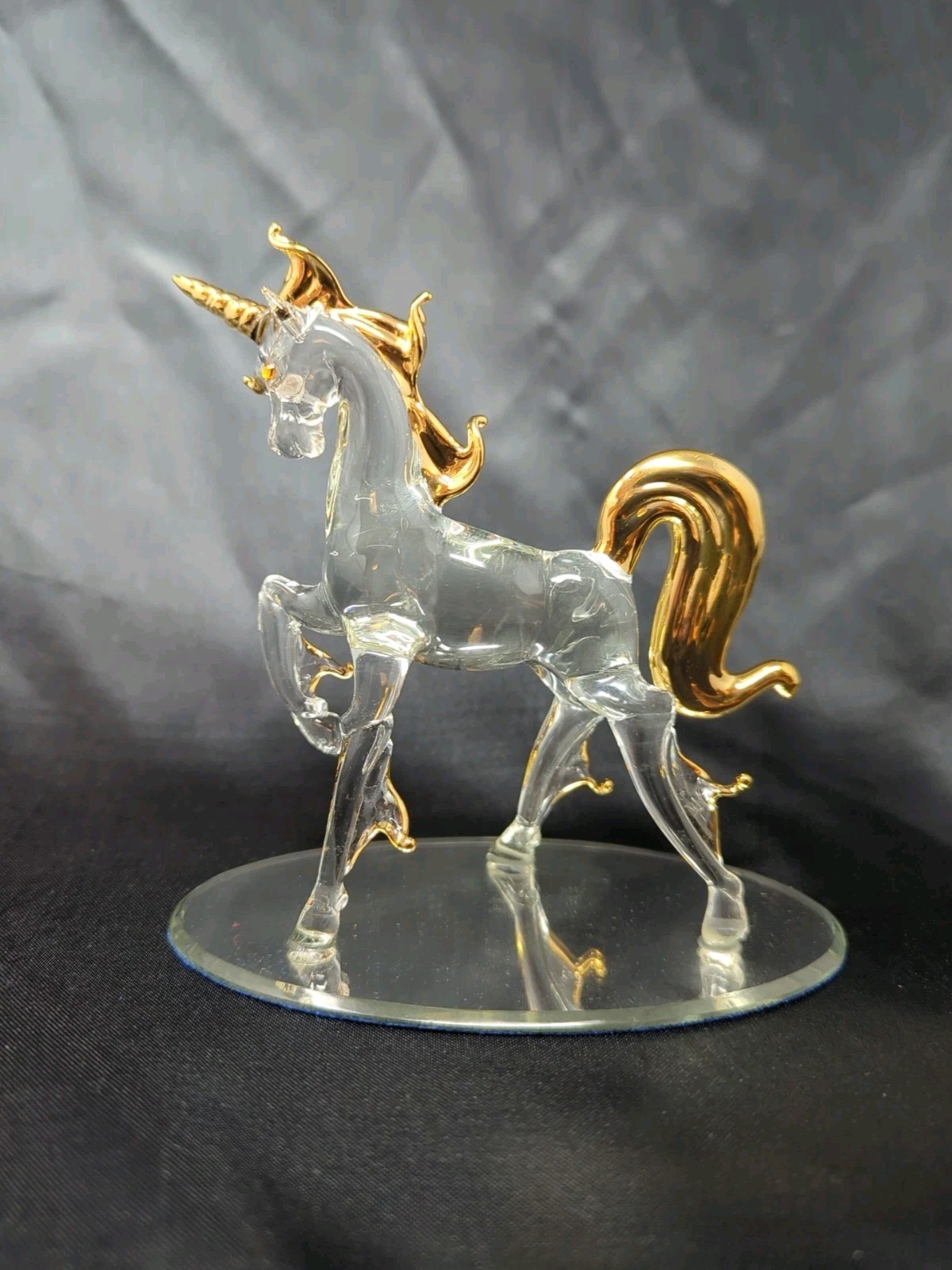 Clear Glass Unicorn Figurine + Mirror Base Gold Detail Mythical Fantasy Figure