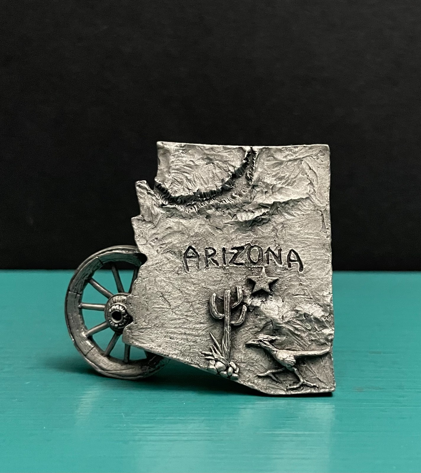 Boyd Perry Rawcliffe Pewter Arizona State Map Roadrunner Saguaro Cactus Figurine