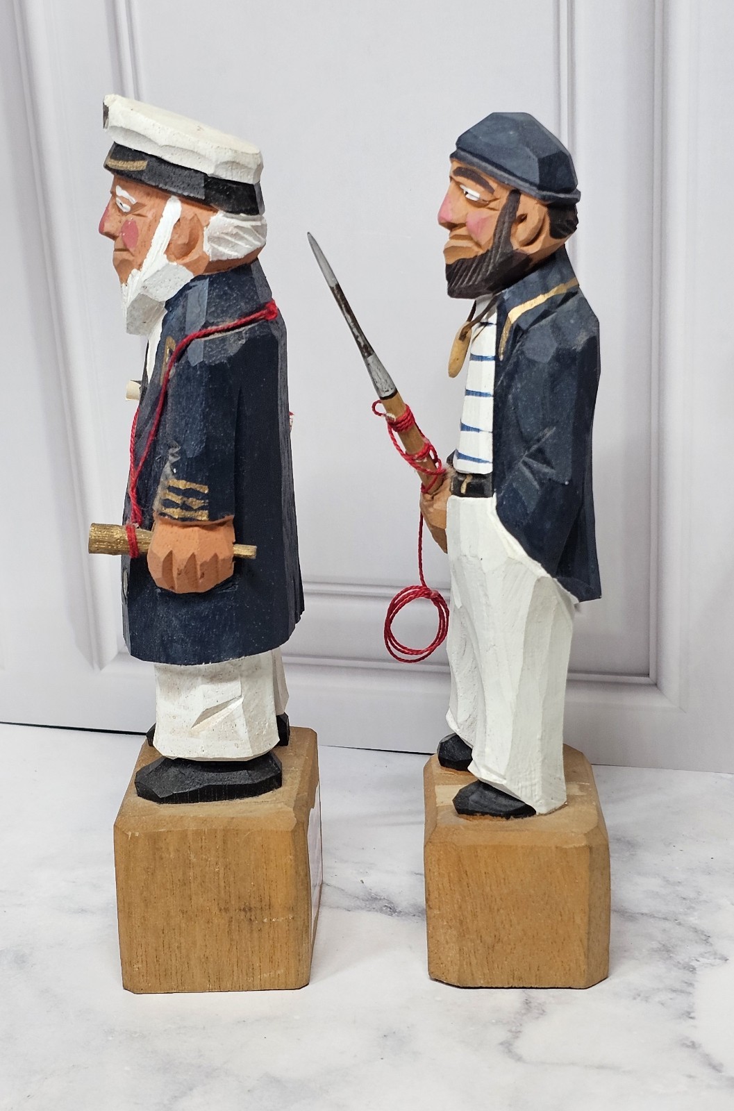 Vintage Hand Carved Wooden Folk Art Sea Figurines Captain & Sailor Nautical