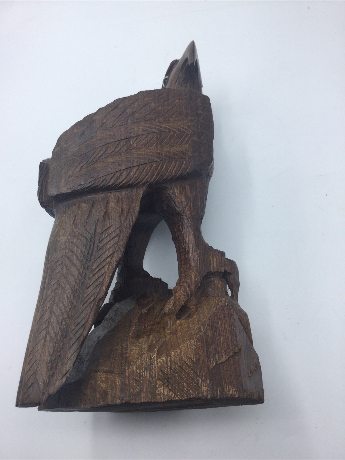 Hard Wood Hand Carved Eagle Perched on Wood Stand, 11 Inches Tall