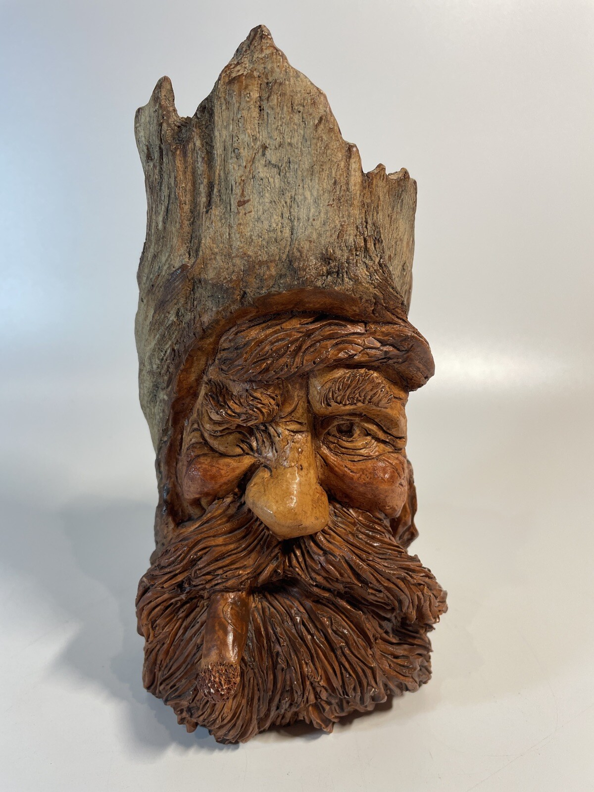 Rick Albee Tree Spirit Carving Wood Resin Old Man Bearded w/Cigar, 1989 Signed