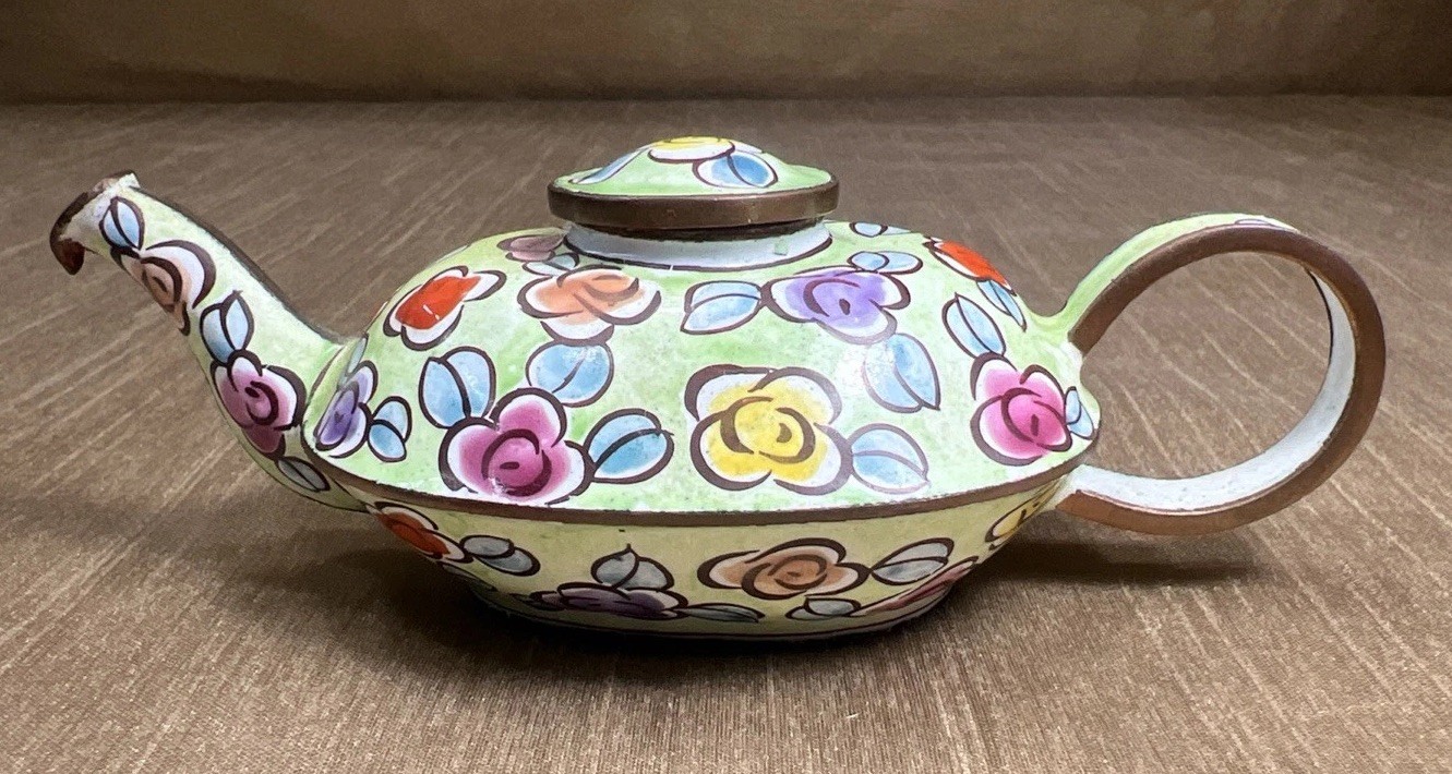 Vintage Kelvin Chen Handpainted Copper Enamel Teapot Floral Cloisonné w/Lid