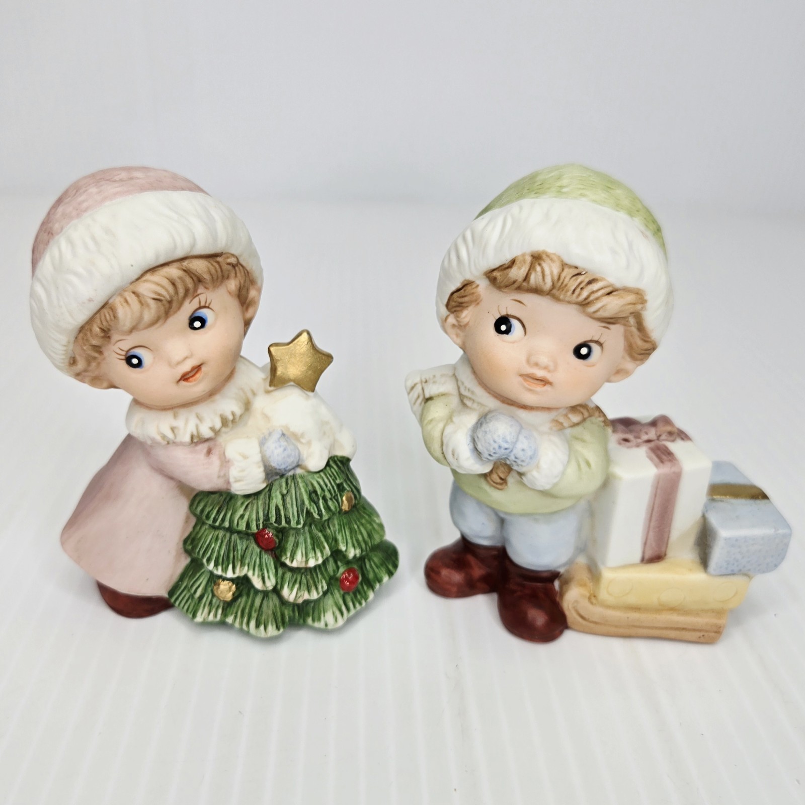 Vintage Homco Christmas 5556 Porcelain Christmas Children Boy And Girl Figurines
