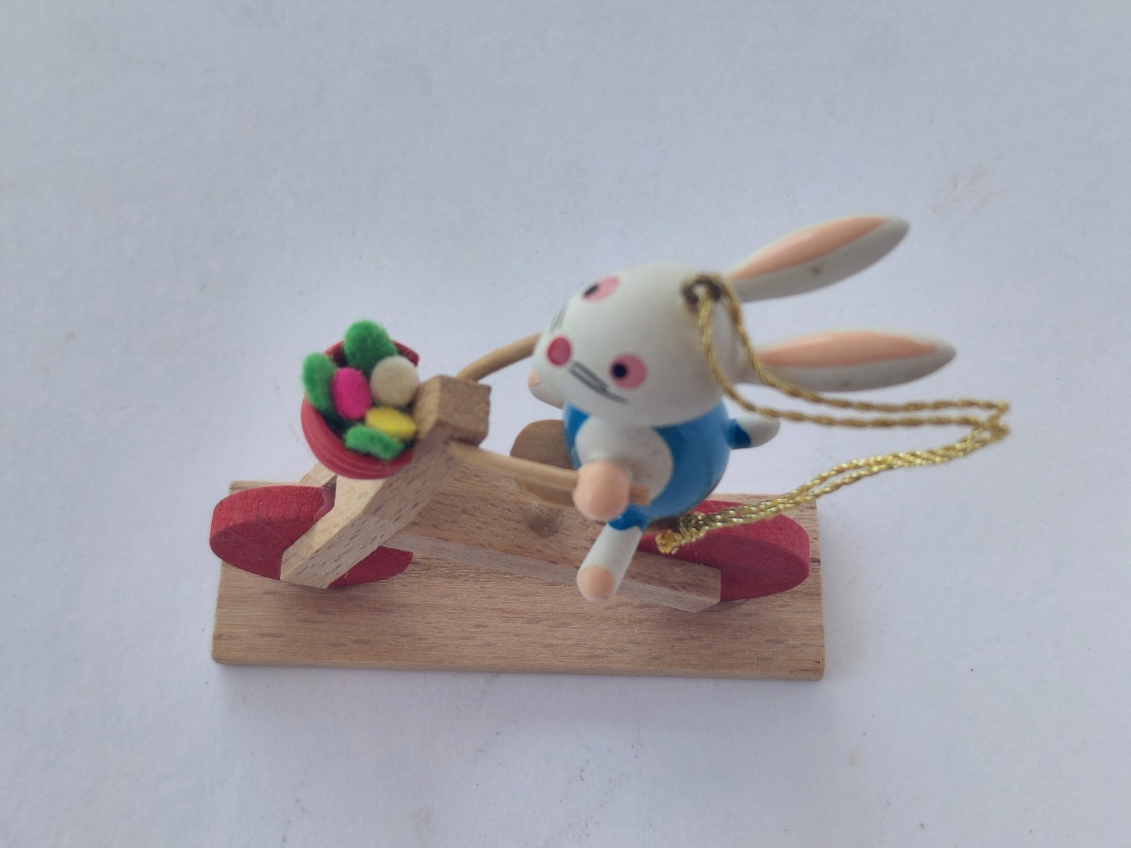 Vintage Goula Wood Christmas Easter Ornament Figurine Bunny Bicycle