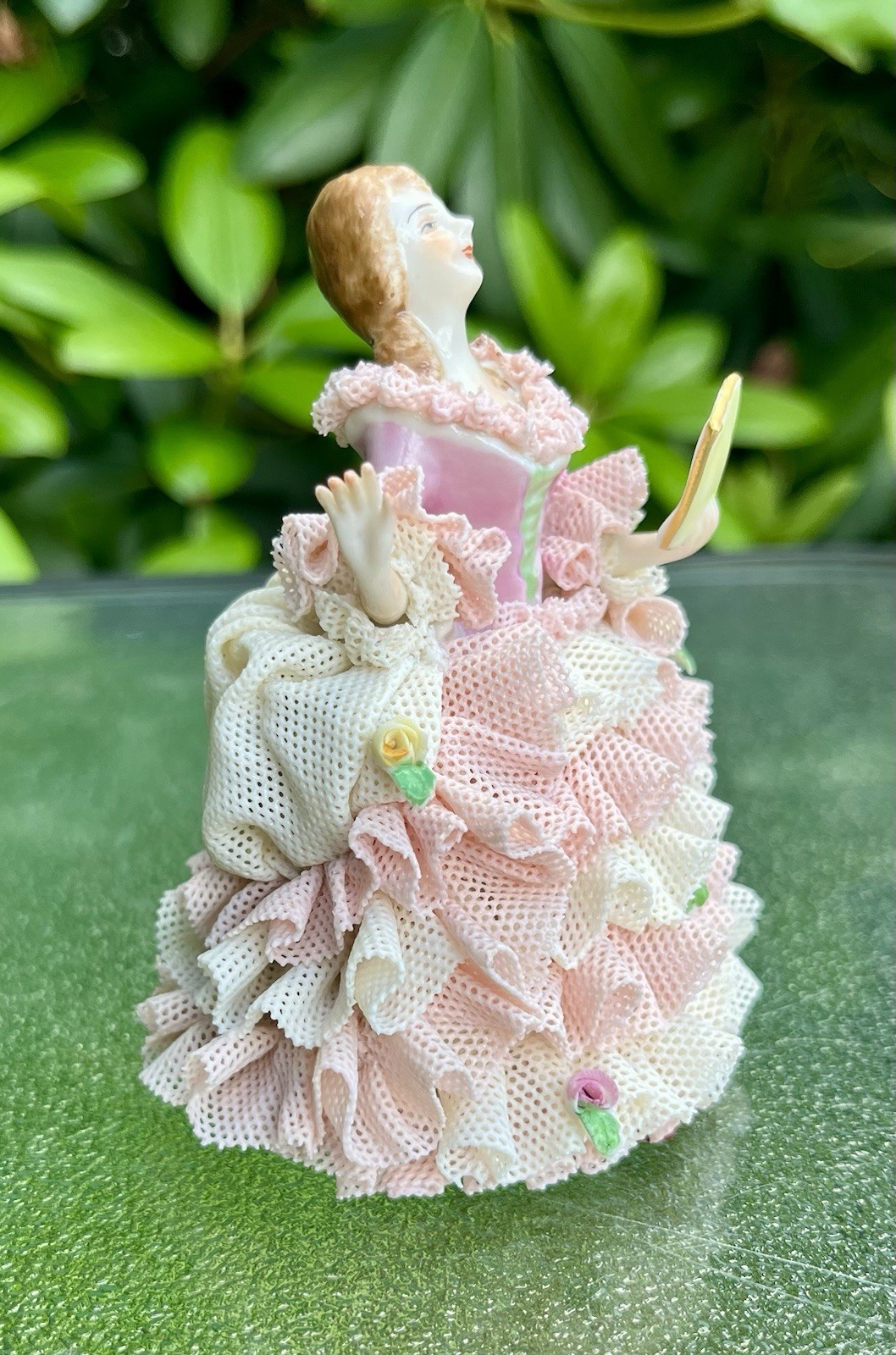 Vintage Porcelain Small MZ Irish Dresden Pink Lace Lady Holding Song Book 4″