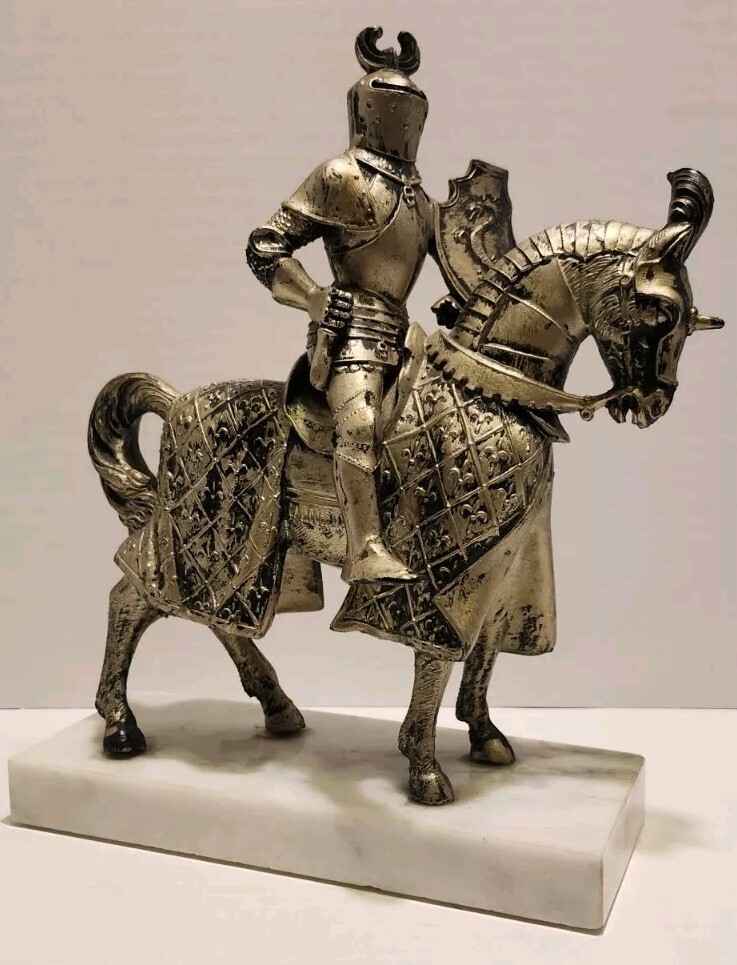 Medieval Knight Horse Statue Heavy Plastic & Marble Base 8.5” X 10.5” Italy