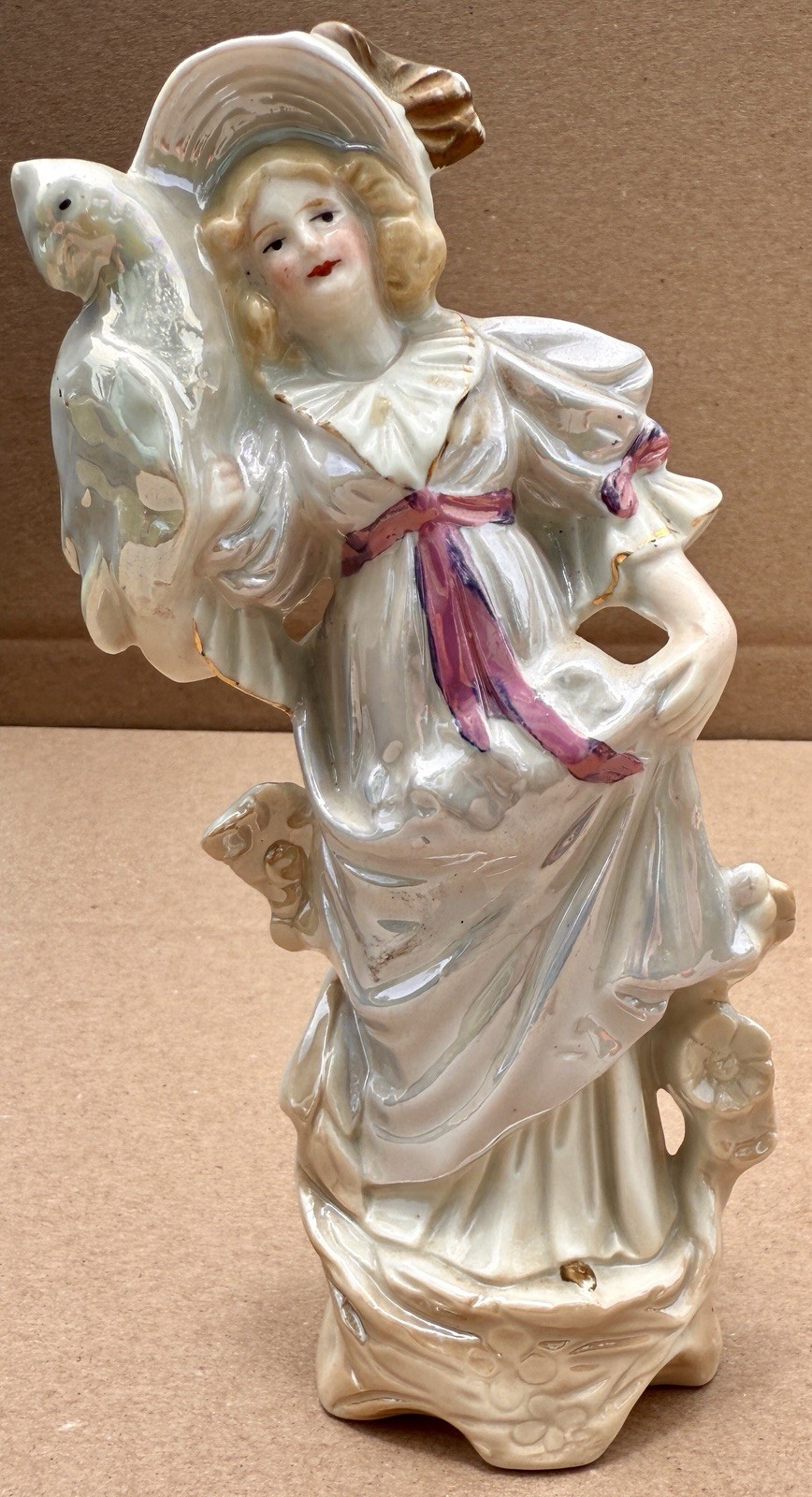 Vintage Porcelain Figure Lady With Parrot Bird Woman Ceramic 8 Inch Blonde