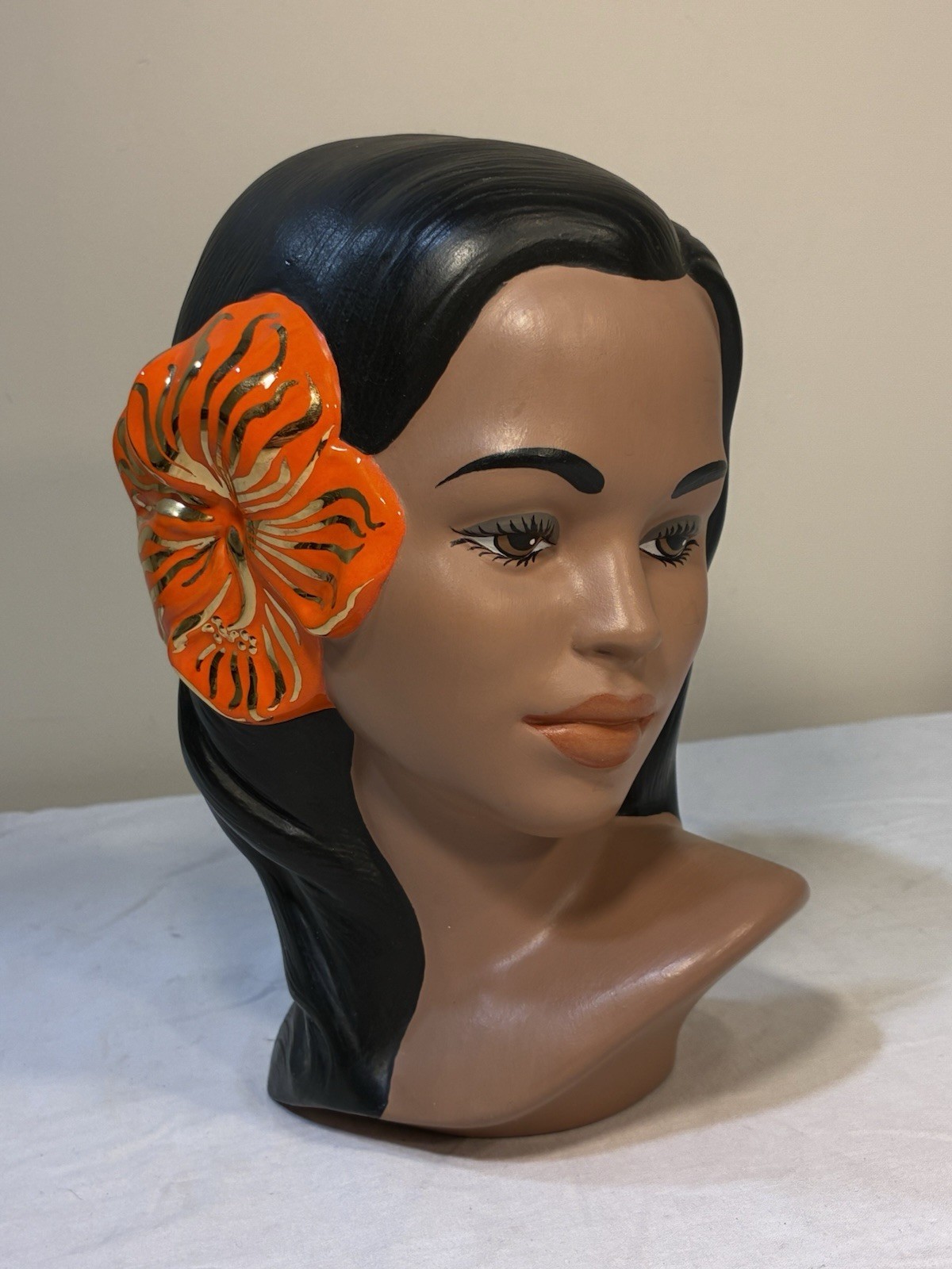 Vintage Marwal Chalkware Hawaiian Polynesian Hula Woman Head Bust Statue Signed