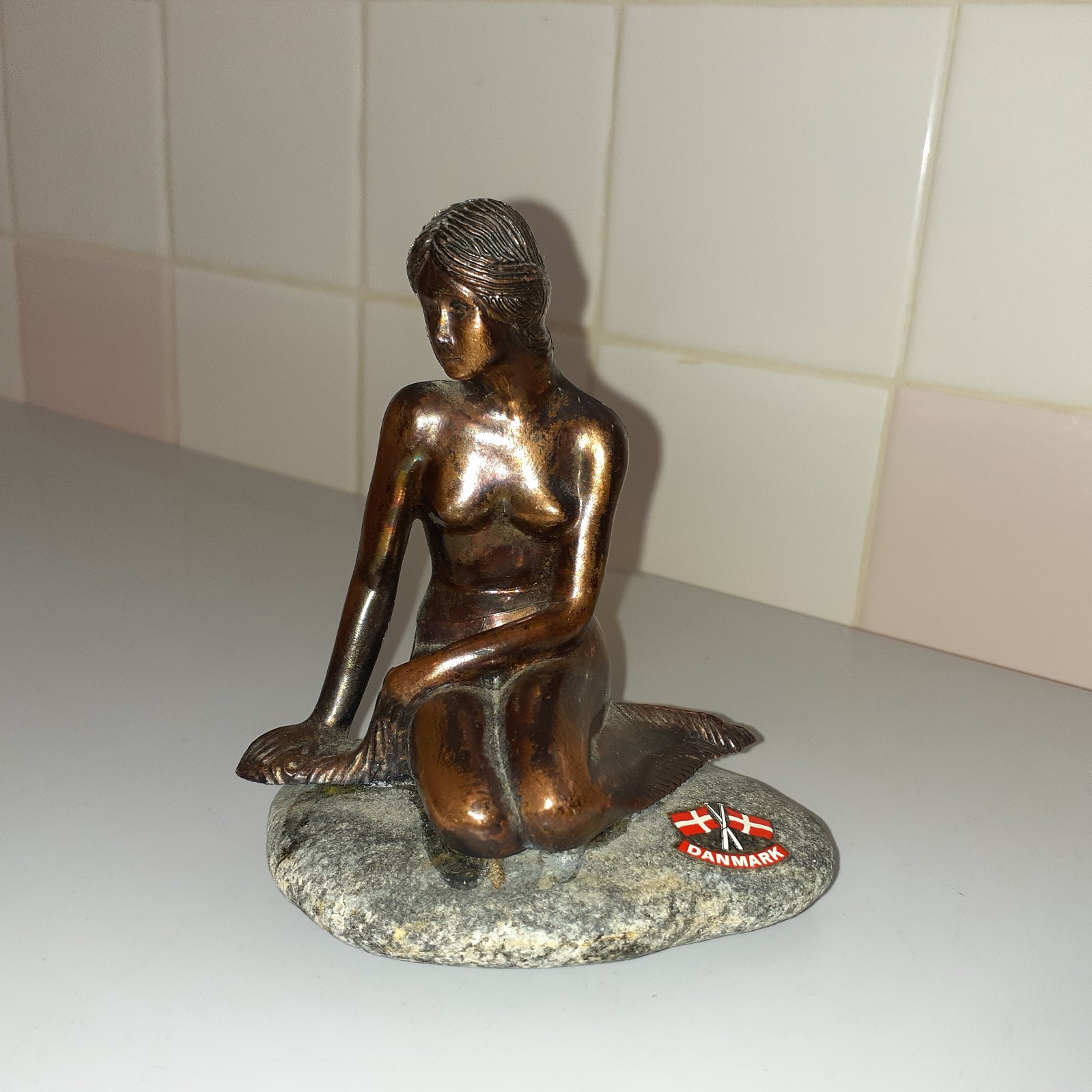 Vintage Light Copper/Metal Danmark MERMAID Figurine with Faux Stone 4.1″ tall