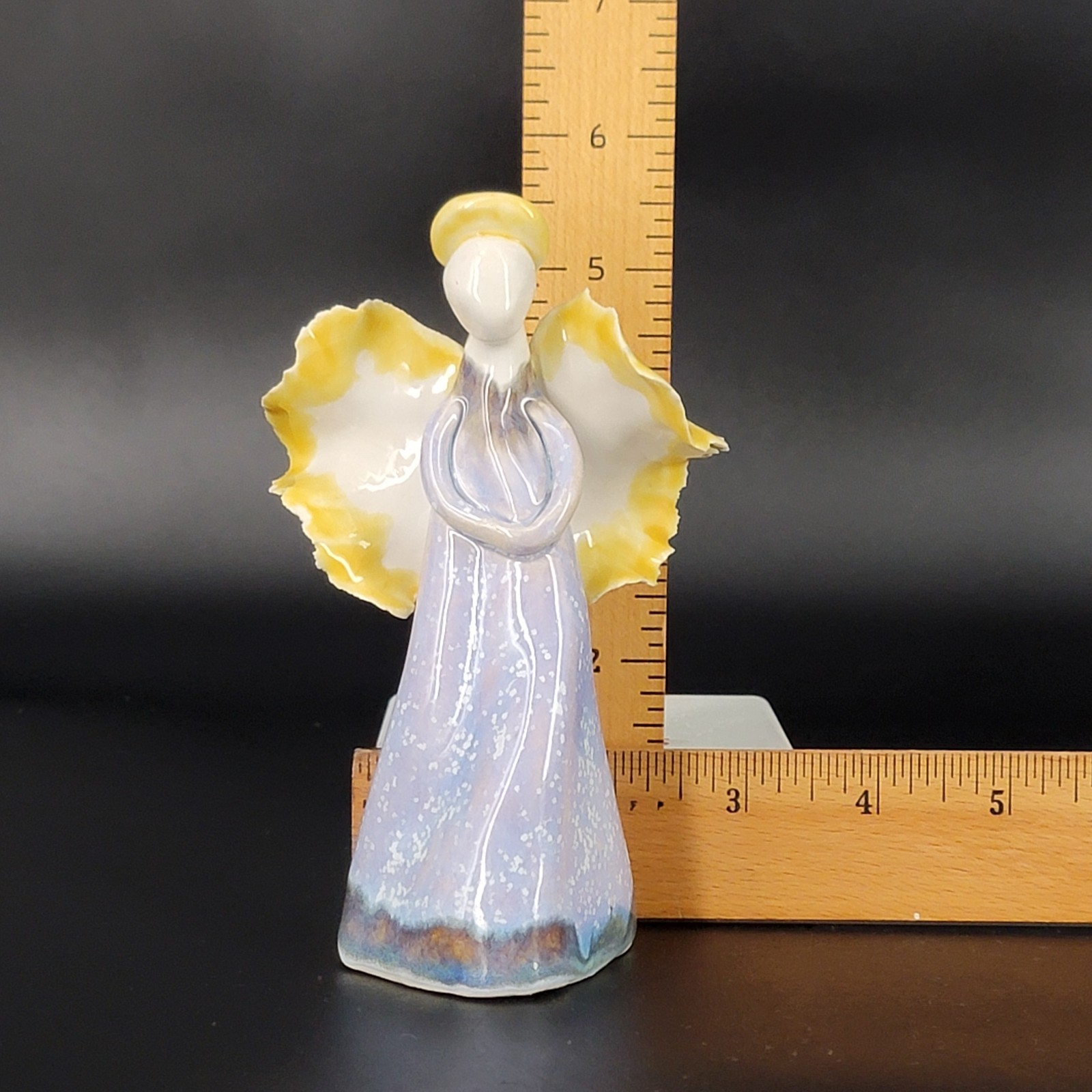 Hand Crafted Pottery Angel Figurine Free Standing 5.5″ Tall Blue Yellow