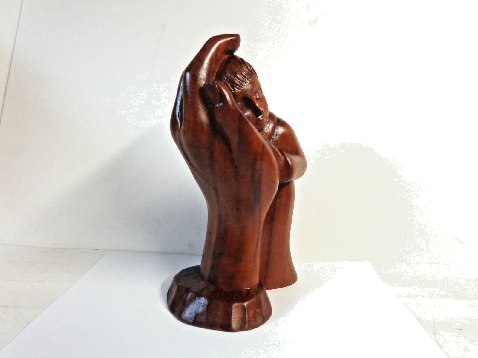 Vintage Hand Carved Wood Sculpture Child Held in Gods Hands Balinese or Similar