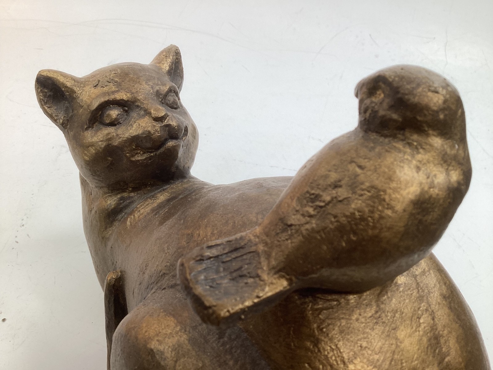 8” heavy Cat with Bird Statue Metal Sculpture (G1)