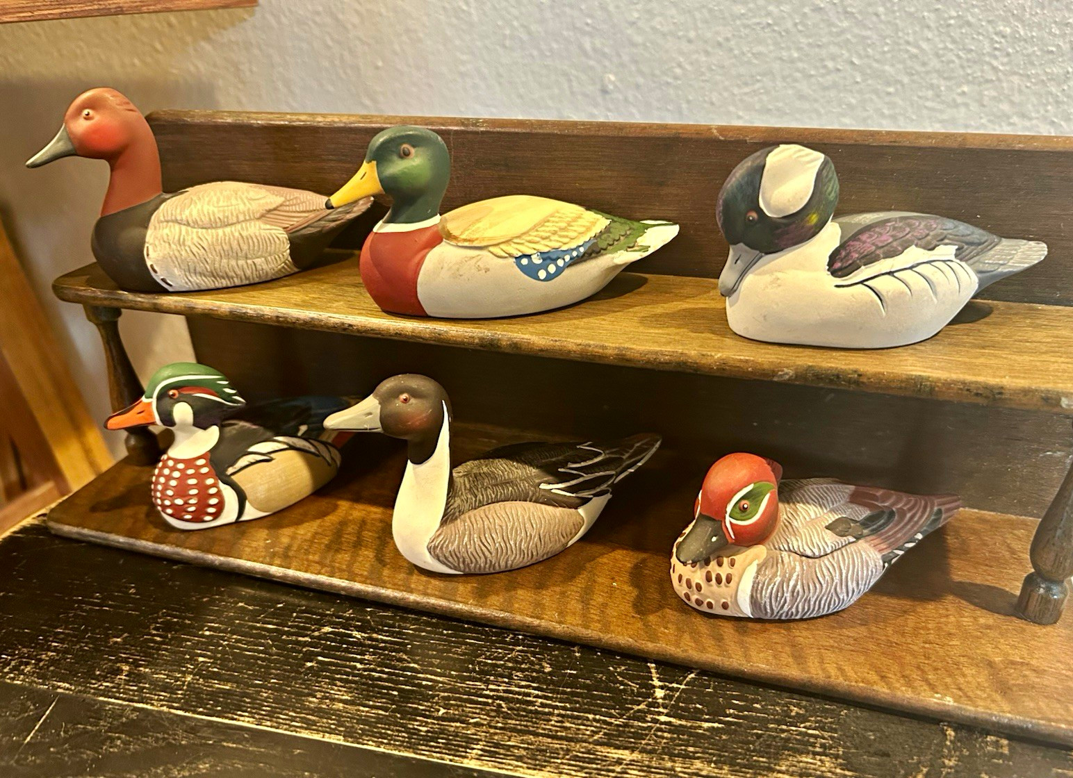 Avon Collector Duck Figurines Set of 6 with Wooden Display Shelf/Stand