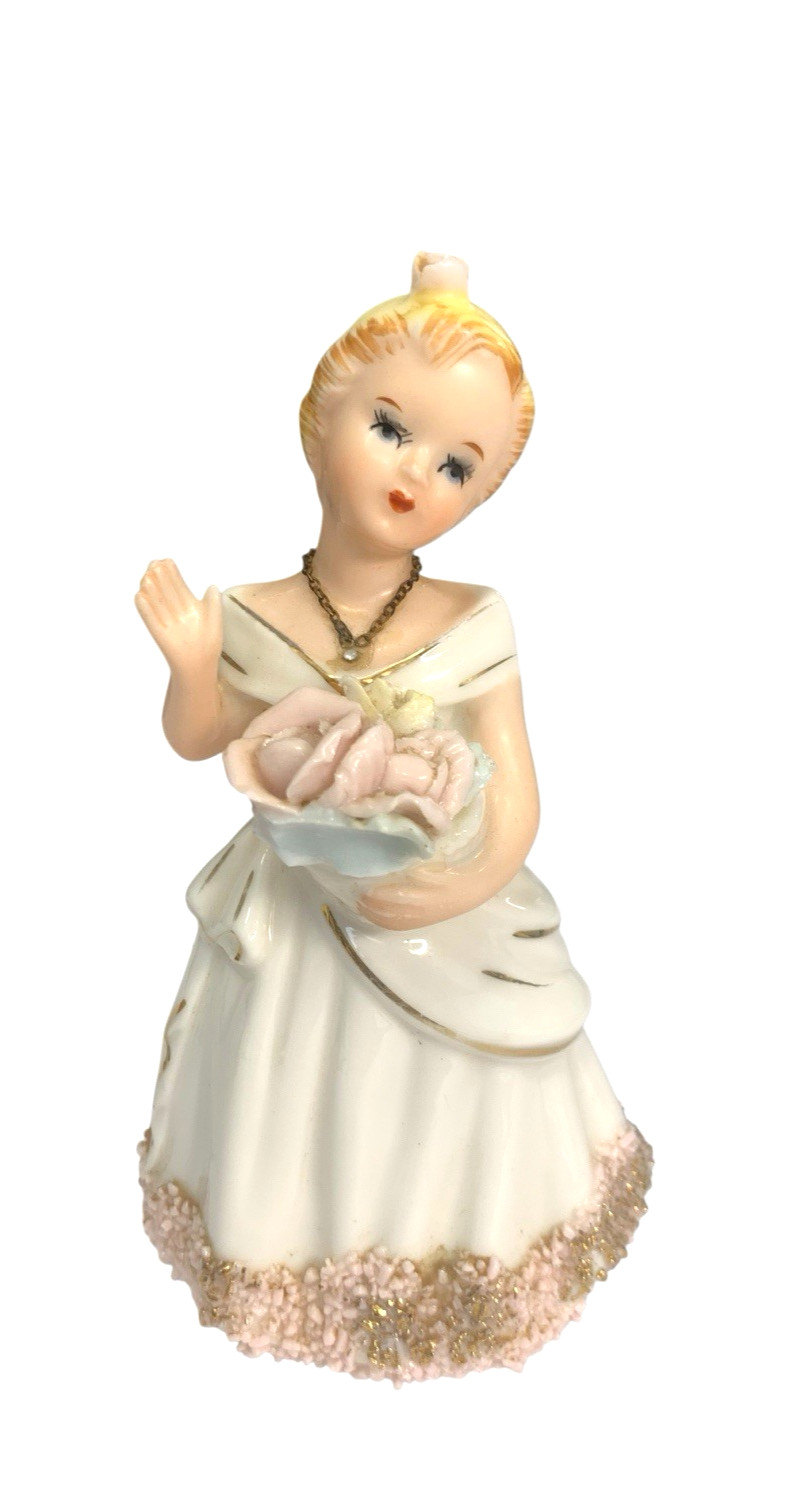 Vintage Napco Blond Girl Figurine #164305 Pink Roses Spaghetti Trim Jewels Japan