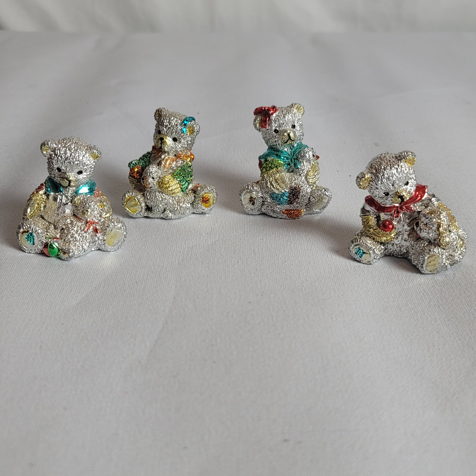 Vintage Silver Tone Metallic Bear Family Figurines Set Of 4