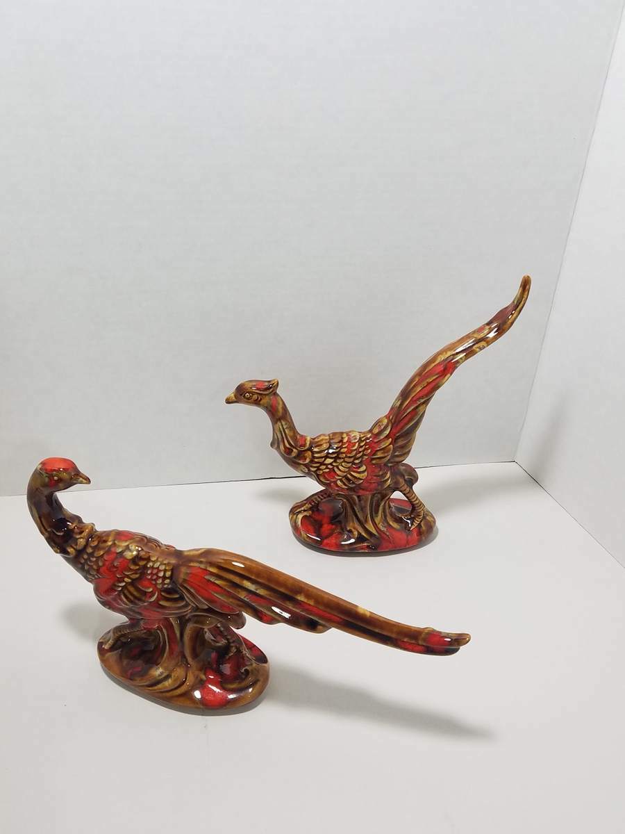 Mid Century Pottery Pheasant Figurines Red Brown Lava Drip Glaze