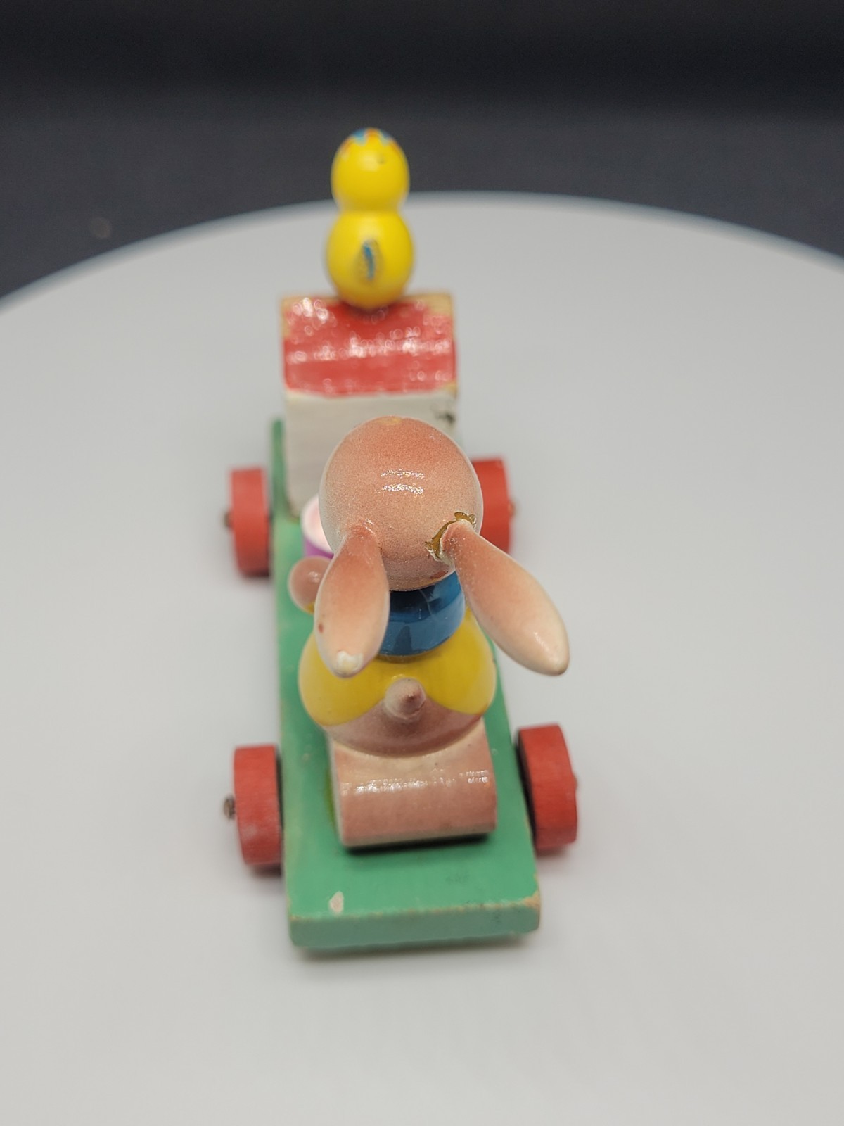 Vtg Goula Spain Wood Easter Figure Bunny Rabbit Paints Egg on Wheels Push Toy