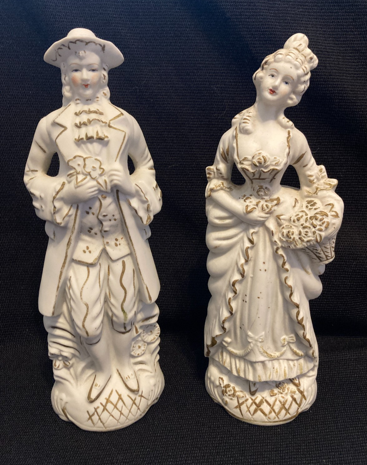 Vintage Bisque Porcelain Colonial Courtier Couple Statues White W/ Gold Trim